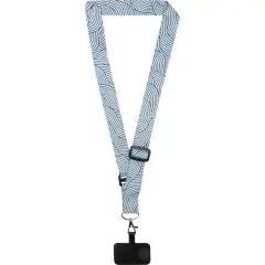 Cordon téléphone personnalisé LYRA à motif bleu ondulé, boucle de réglage et attache smartphone noire