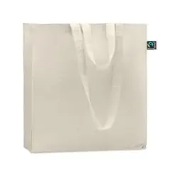 Sac shopping personnalisé en coton Fairtrade écru, longues anses et soufflet, étiquette Fairtrade Cotton