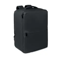 Sac à dos de voyage personnalisé noir en RPET au format rectangulaire avec poche frontale zippée et poignée