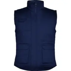 Gilet de travail personnalisé bleu marine à col montant, patte de fermeture centrale et poches à rabat