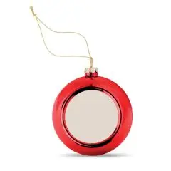 Boule de Noël personnalisable HAPPY BALL rouge brillante avec zone de marquage blanche et cordon doré de suspension