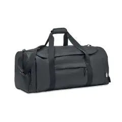 Sac de sport personnalisé noir grand format en RPET 300D avec poignées, bandoulière et poches zippées