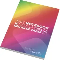 Carnet A5 recyclé personnalisé Novella Austen, couverture souple dégradé arc-en-ciel et mention 100 % papier recyclé