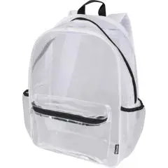 Sac à dos transparent personnalisé en maille recyclée blanche, fermetures noires et poche frontale zippée