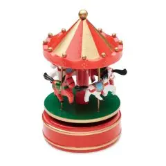 Boîte à musique personnalisée WHIRLY en carrousel rouge et or avec chevaux blancs sur plateau vert
