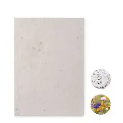 Papier ensemencé publicitaire ASIDE A5 blanc cassé moucheté, avec détail des graines et fleurs sauvages en fleur
