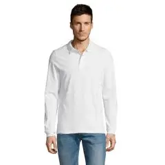 Polo manches longues personnalisé WINTER II blanc porté par un homme, vue de face avec col et patte boutonnée