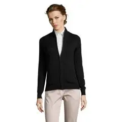Gilet femme personnalisé GORDON WOMEN noir zippé en maille fine, porté sur une chemise blanche