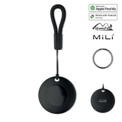 Traceur porte-clés LIFEMATE noir rond avec dragonne, anneau métallique supplémentaire et logos de compatibilité