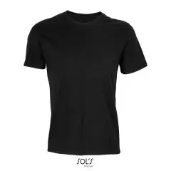 T-shirt recyclé unisexe personnalisable noir à col rond côtelé et manches courtes présenté à plat de face
