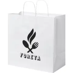 Sac kraft traiteur blanc à poignées torsadées et fond large, imprimé d'un logo noir de restaurant en façade