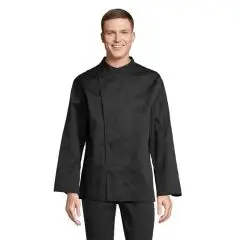 Veste de cuisine personnalisée noire pour homme, col officier, boutonnage décalé et poche sur la manche, vue de face
