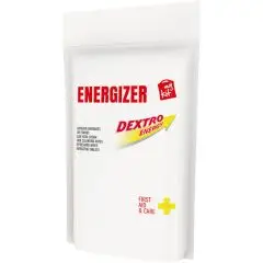 Kit énergisant personnalisé en pochette papier blanche Energizer avec titre rouge et croix jaune