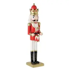 Casse-noisette décoratif en bois de 50 cm à veste rouge, couronne dorée, petit tambour et socle carré doré