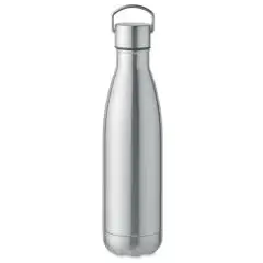 Gourde isotherme personnalisée 500 ml en inox recyclé argent mat, bouchon vissé à anse, vue de face