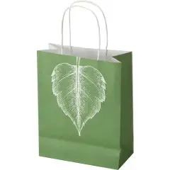 Sac kraft personnalisé 18 x 9 x 23 cm imprimé vert avec grande feuille blanche et anses torsadées blanches