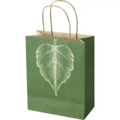 Petit sac papier personnalisé format portrait imprimé vert forêt avec grande feuille blanche et anses torsadées kraft