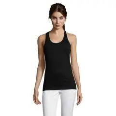 Femme portant le débardeur JUSTIN WOMEN noir à dos nageur en jersey de coton, vue de face sur fond blanc