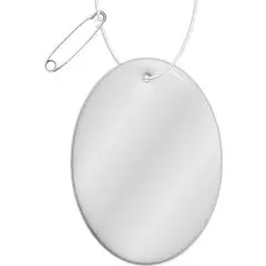 Pendentif réfléchissant publicitaire ovale blanc en PVC suspendu à son cordon blanc avec épingle de sûreté
