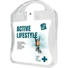 Kit de premiers secours publicitaire MyKit en boîtier transparent à poignée, visuel Active Lifestyle