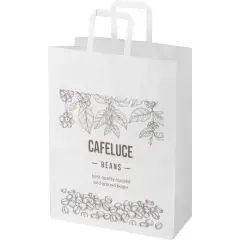 Sac boutique kraft blanc personnalisé à poignées plates, motif botanique gris et logo de café imprimés