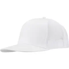Casquette snapback personnalisée blanche à visière plate, panneau avant structuré et arrière aéré, vue de trois quarts