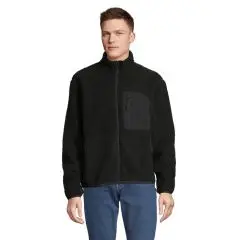 Homme portant la veste sherpa FURY gris carbone et noir zippée avec poche poitrine contrastée, vue de face