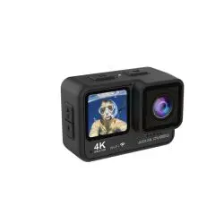 Caméra sport étanche personnalisée Prixton DV850 Aqua noire avec écran avant montrant un plongeur et objectif 4K