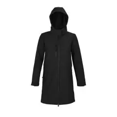 Manteau softshell femme personnalisé ACHILLE WOMEN noir profond, coupe longue avec capuche et zip devant