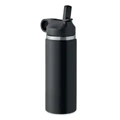 Gourde isotherme personnalisée noire 500 ml en inox recyclé avec bouchon à poignée et paille intégrée