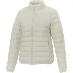 Doudoune femme personnalisée Pallas coloris grès, matelassage horizontal, col montant et poche poitrine zippée