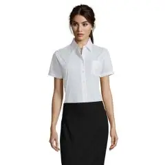 Chemise femme personnalisée Escape blanche en popeline, manches courtes, col pointu et poche poitrine