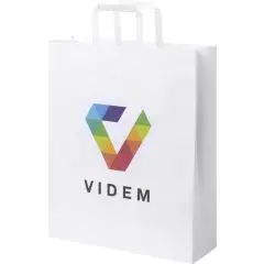 Sac kraft blanc personnalisé à poignées plates avec logo multicolore imprimé en façade, format 32 x 12 x 40 cm