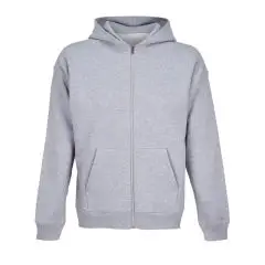 Sweat zippé à capuche personnalisé gris chiné avec zip métal argenté et poche kangourou, vu de face à plat
