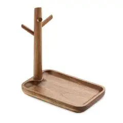 Vide-poches personnalisé BRANCA en bois d'acacia avec plateau rectangulaire et support arbre à deux branches