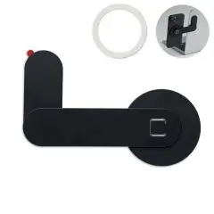 Support téléphone personnalisé SCREENTACH noir en aluminium magnétique avec anneau adhésif et smartphone fixé à un écran