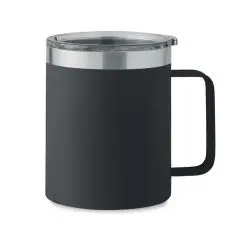 Mug isotherme personnalisé noir mat en inox recyclé avec couvercle transparent et anse assortie