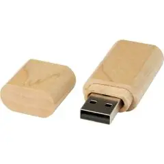 Clé USB 3.0 en bois clair publicitaire présentée capuchon retiré, connecteur USB-A prêt à être branché