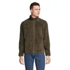 Veste polaire personnalisée coloris army portée par un homme, col montant zippé et texture polaire visible