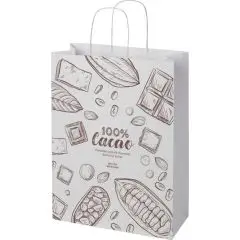 Grand sac papier kraft blanc personnalisé avec poignées torsadées et illustration cacao imprimée en brun