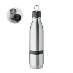Gourde isotherme 2 en 1 en inox argent mat avec bouchon noir à anneau et gobelet détachable à bande noire