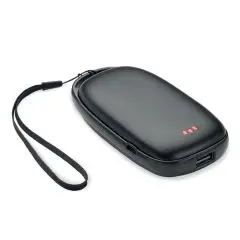 Chauffe-mains publicitaire noir en forme de galet avec batterie externe 4000 mAh, port USB-A et dragonne
