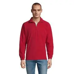 Sweat polaire personnalisé rouge à col cheminée zippé porté de face avec poignets et bas élastiqués