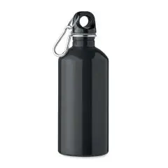 Gourde inox publicitaire 500 ml noire brillante avec bouchon à boucle noir et mousqueton argenté vue de face