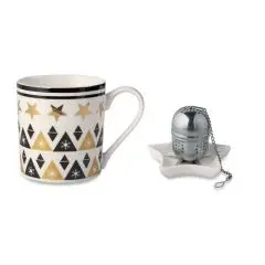 Tasse en céramique personnalisable UNIQUE à motifs dorés et noirs avec infuseur boule posé sur soucoupe étoile