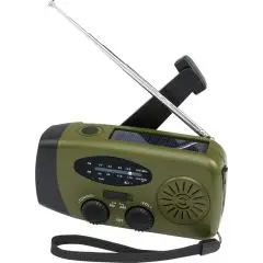 Radio d’urgence personnalisée Avior verte à manivelle, antenne télescopique déployée et panneau solaire