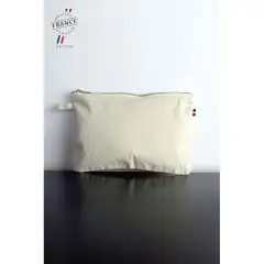 Trousse zippée personnalisée en coton bio écru avec zip métal, boucle latérale et languette tricolore