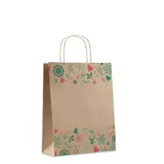 Sac cadeau de Noël en papier kraft personnalisable BAO MEDIUM à anses torsadées et frises festives vertes et roses