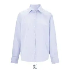 Chemise rayée femme personnalisée BAPTISTE WOMEN bleue à fines rayures, vue de face avec col italien
