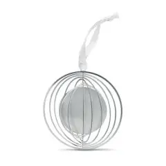 Décoration de Noël personnalisable BUNO en acier inoxydable dépliée en boule à anneaux argentés avec ruban blanc